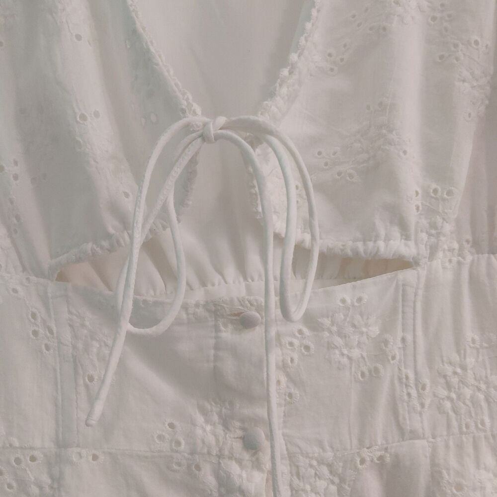 Sabo Skirt White Cotton Eyelet Broderie Mini Dress Cutout Tie Front Puff Sleeve - Picture 4 of 16